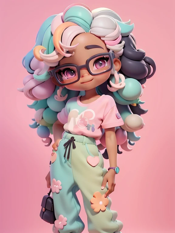 Loli negra multicolorida, Fofa, romantic nerd style, delicate and elegant glasses, moleton, capuz, Camiseta, Pants, tons pastel multicolor, sorriso meigo e delicado,  corpo inteiro, olhos delicados e  cabelos afro preso multicolor, fundo simples e branco