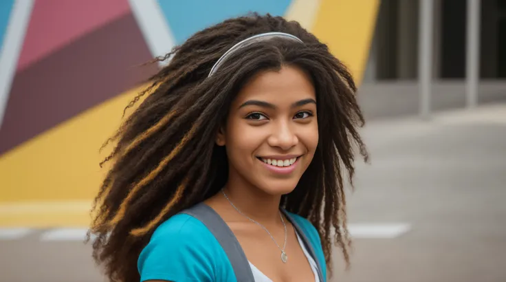 multicolored hair, crown, dashed eyes, smile, Hyperrealism, cinematic lighting, close-up, Ultra-Wide Angle, 135mm, Canon, best quality, high quality, super detail 20-year-old Brazilian student ambles through the bustling university campus. Dressed in livel...