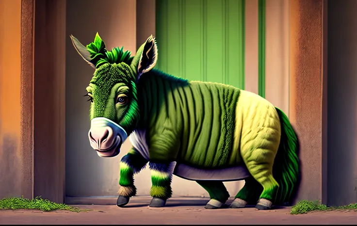 Criar imagem de um burro usando camisa verde e ajoelhado diantede um pneu.