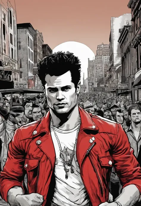 A photo of Tyler Durden leading a group of rebellious individuals, all wearing the iconic red jacket, marching through the city streets.,original,Visually, Tyler is depicted as the epitome of a certain rugged, careless coolness, with a chiseled physique, u...