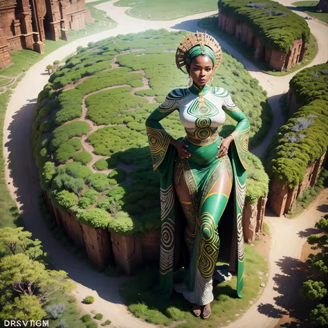 Aerial view shot of a ground sculpture, logo style,a breathtaking image of an African woman with African designed attire on, mixed with sculpture of natural vegetation and climate, a blend of colours grey and green, beautiful aerial sculpture image, 32k, u...