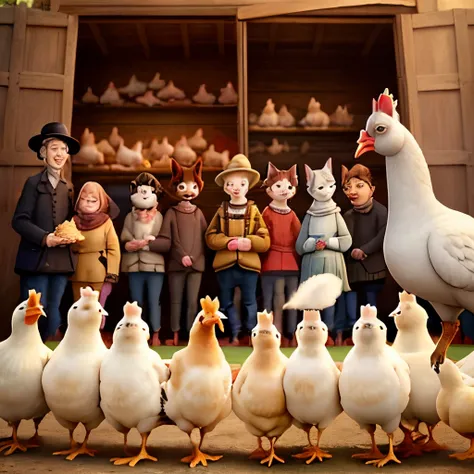 Calopsitte, cheval, chats et poules posent pour une photo de groupe, animation pixar