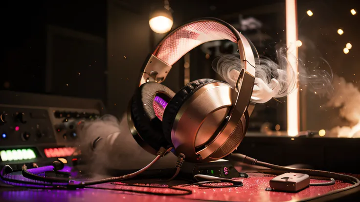 Stereo headphones bursting into festive colorful splashes, dust and smoke with vibrant light effects on loud music sound, pulso, baixo e batidas, Pronto para a festa