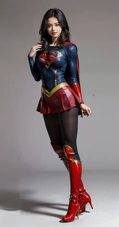 Asian Beautiful Girl、Eyes closed、Deep sadness、Sorrow、look up sky、Open mouth、screeming、(((Wear black tights on your beautiful legs.)))、(((beauty legs)))、(((facial expression of smile)))、((((Make the most of the original image)))、(((Supergirl Costume)))、(((a...