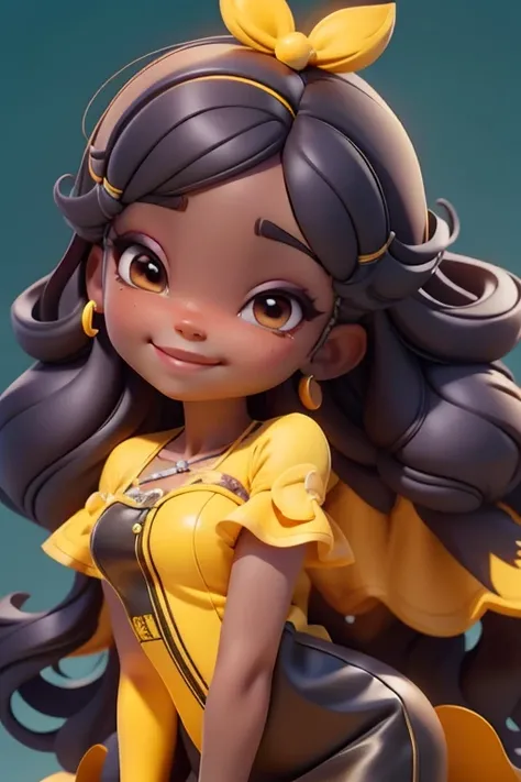 Avatar menina fada negra, tons amarelo e preto, sorriso meigo e delicado, asas brilhante, vestida com uma jardineira, corpo inteiro,pele clara e olhos delicados e definidos,cartoon 3D com blusa delicada,, casaco peludinha, cabelos multicolor, fundo simples...