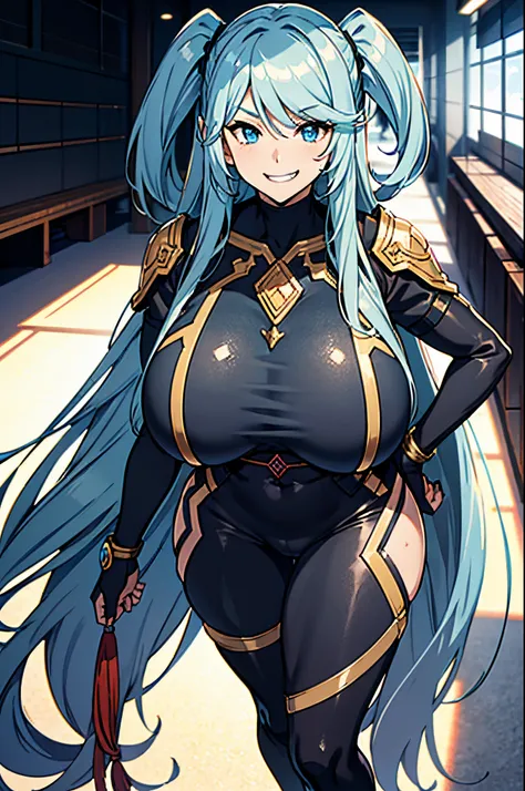 long light blue hair, japanese, (gigantic chest:1.2), tight clothing, (black leggings:1.2), big thighs, sadistic grin, half body...