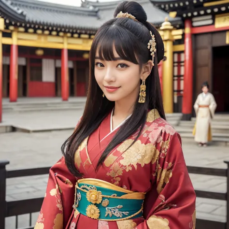 ((top-quality、masutepiece、8K、Top image quality、Very intricate and detailed details、Depiction centered on one woman 、very bright and vivid、a high chroma、1 photo))、((1 Princess、empress、Princess of the Heian period、Princess cut hairstyle、Take photos from up c...