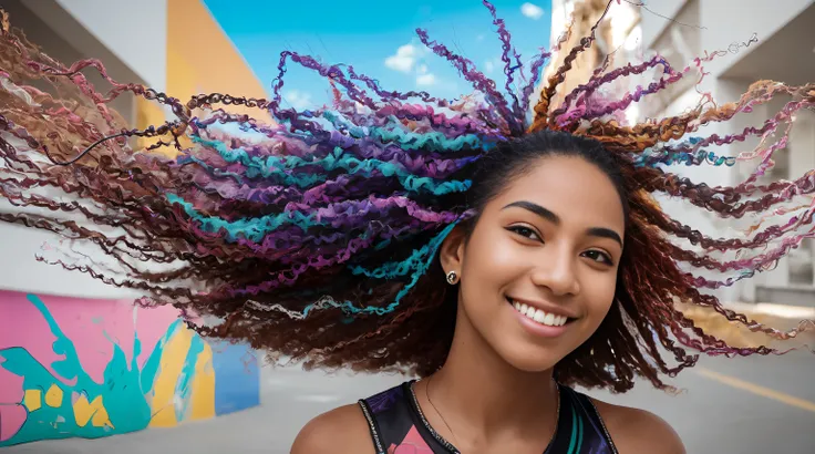 multicolored hair, crown, dashed eyes, smile, Hyperrealism, cinematic lighting, close-up, Ultra-Wide Angle, 135mm, Canon, best quality, high quality, super detail 20-year-old Brazilian student ambles through the bustling university campus. Dressed in livel...