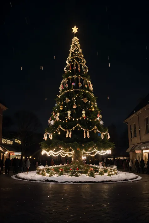 A big Christmas tree decorated with colourful lights. The background is snowflakes falling, angels flying in the sky