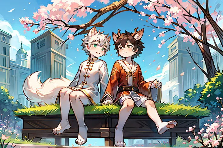 White deer in white robe，deer antlers，A black-haired wolf，on the garden，Peach blossom tree，green trees，falling flower petals，Sit on grass，Leaning together，ornate backdrop，blue-sky，two guys，grassy fields，standard facial features，shota，shota，sky sky，take han...