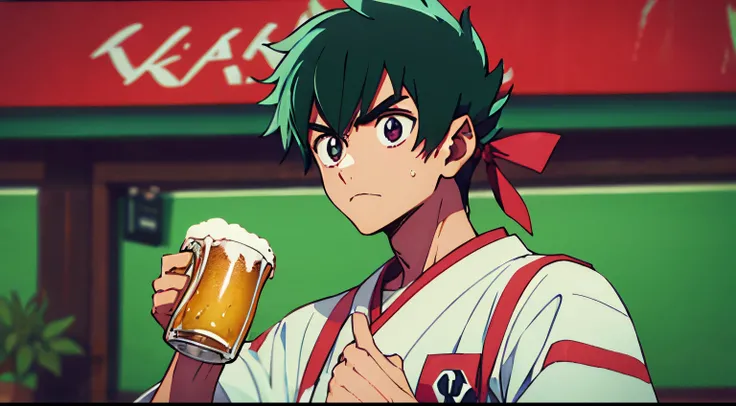 1 male, karate, red karate uniform, black belter, holding a beer, and holding a food on the other hand, short hair, green headband, food and beer of the background