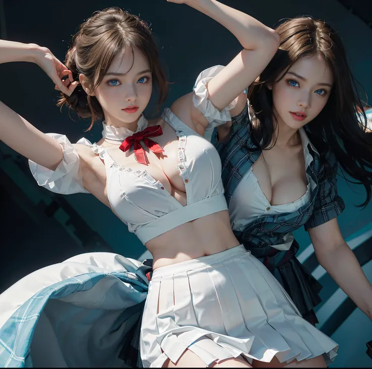 top-quality, 8K picture quality, ​masterpiece, Professional lighting without shadows, A hyper-realistic, perfect anatomia, Two girls, (with perfect body、Colossal breasts with tension:1.2), Whitens bright skin evenly, (Plump red tear bags and bright and bea...