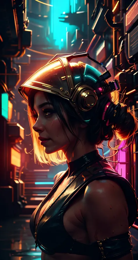 cyberpunk neon cinematic 8k poster, shocking, neon lights - dark and shadowy background - night mood, Astronaut style white and gold trim bikini zipper open (breast) and clear helmet, dark short wavy hair, with a group of soldiers behind her, beautiful sci...