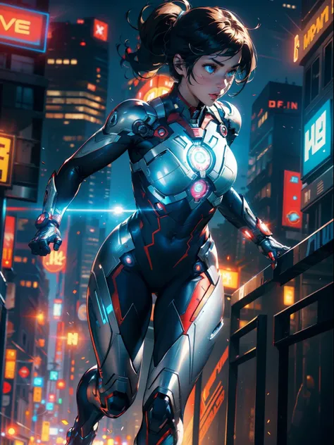 ironman as a female, superhero, full body suit, detailed face, ((running)), RTX, unreal engine, city, flight, glowing eyes, strong, muscular, ((adult)), (tight suit), (motion blur), modern technology , suit of armor, DC Comics