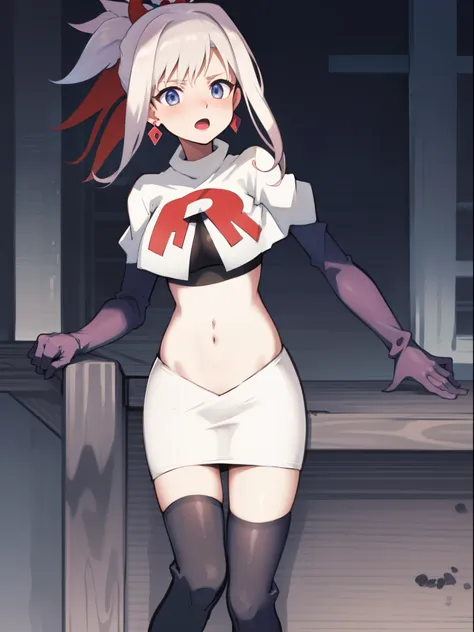 miyamotomusashi, miyamoto musashi, asymmetrical hair, blue eyes, earrings, hair ornament, pink hair, ponytail, sidelocks,team rocket,team rocket uniform,white skirt,crop top,black thigh-high boots,black elbow gloves,