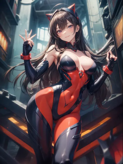 top-quality、Full limbs、complete fingers、1girl in、((one beautiful women、独奏))、Woman with dark hair、Medium hair、straight haired、busty lady、A big smile、Naughty Poses、Red Evangelion full body plug suit