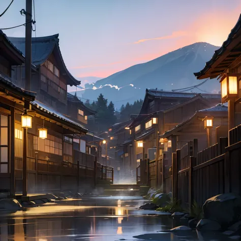 hot spring town、A Japanese style、Super beautiful night sky、nighttime scene、steam rising、Buildings are lined up along the road、wooden building、Taisho romance、incandescent light bulb on the street、Onsen town in Japan、traditional townscape