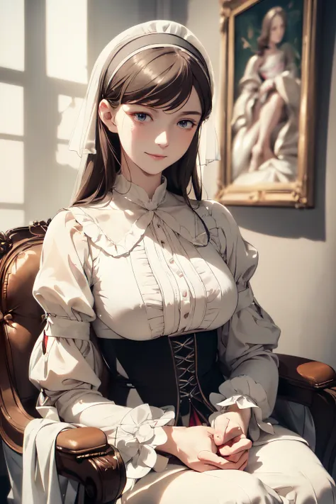 Florence Nightingale, (ballet clothes), sitting in a chair, smiling at the camera, white formal shirt, loose collar buttons, nipple bumps, long loose hair, (delicate illustrations: 1.4), (Renaissance art: 1.4), (ultra high resolution: 1.2), (photorealism: ...