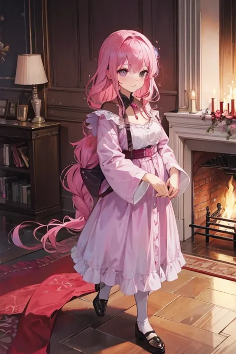 A pink haired woman with violet is presenting  a ruby by a fireplace