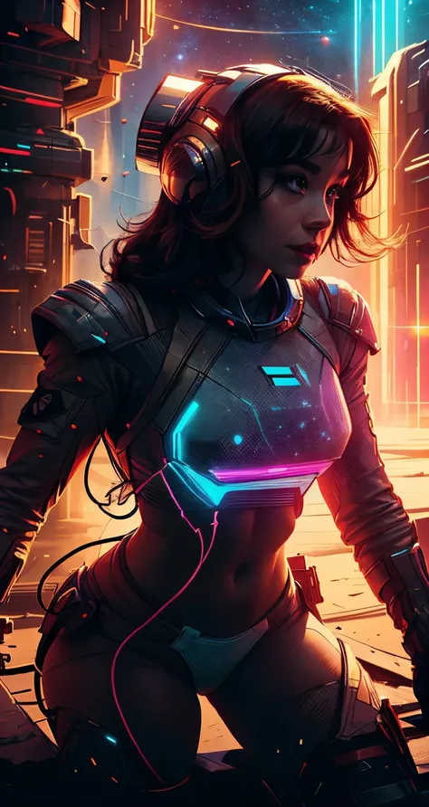 Astronaut neon lights bikini  (breast) and clear helmet, dark short wavy hair, with a group of soldiers behind her, beautiful sci-fi art, beautiful smile, waiting for a kiss, turning and looking at the camera, space warrior, sunrise over solar punk city, s...