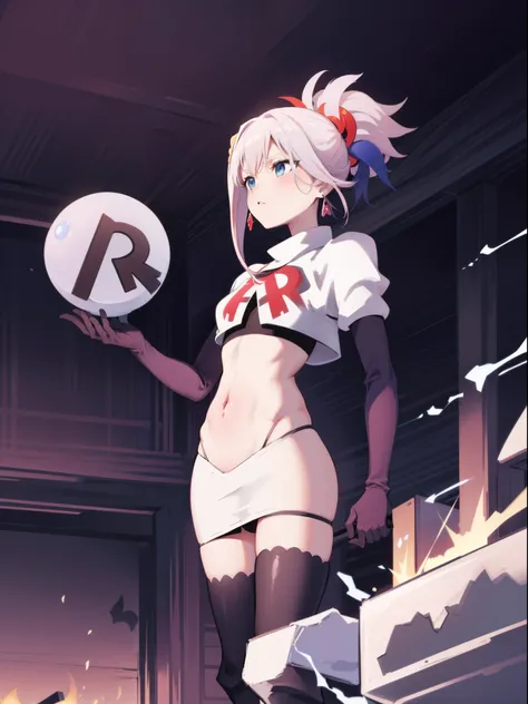 miyamotomusashi, miyamoto musashi, asymmetrical hair, blue eyes, earrings, hair ornament, pink hair, ponytail, sidelocks,team rocket,team rocket uniform,white skirt,crop top,black thigh-high boots,black elbow gloves,