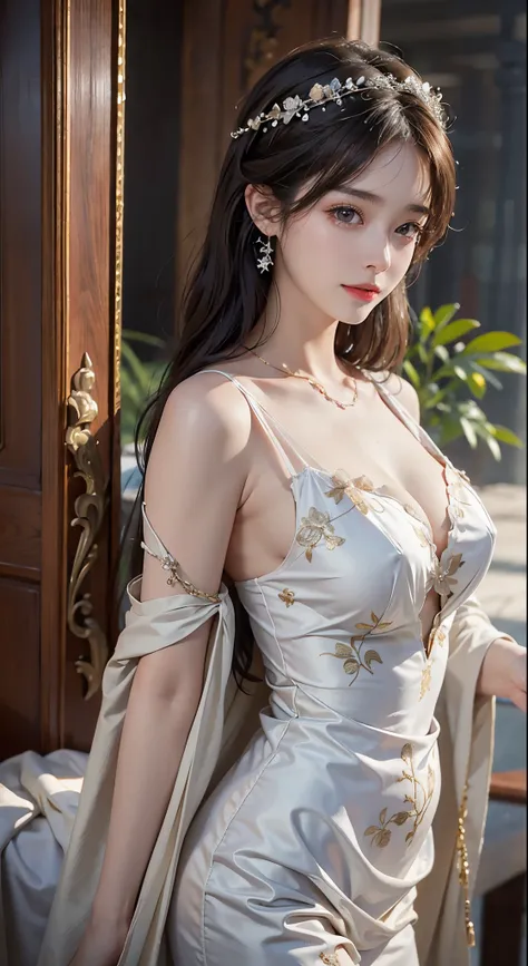 top-quality、​masterpiece、超A high resolution、(Realistic:1.4)、Raw photo、1 17-year-old girl、ssmile、A sexy、large boob、robe blanche、lighting like a movie