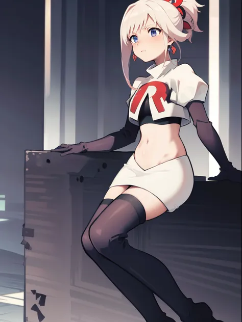 miyamotomusashi, miyamoto musashi, asymmetrical hair, blue eyes, earrings, hair ornament, pink hair, ponytail, sidelocks,team rocket,team rocket uniform,white skirt,crop top,black thigh-high boots,black elbow gloves,