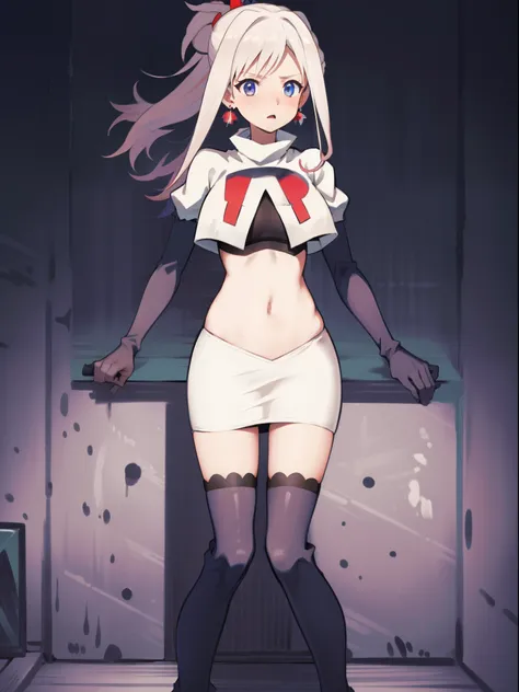 miyamotomusashi, miyamoto musashi, asymmetrical hair, blue eyes, earrings, hair ornament, pink hair, ponytail, sidelocks,team rocket,team rocket uniform,white skirt,crop top,black thigh-high boots,black elbow gloves,