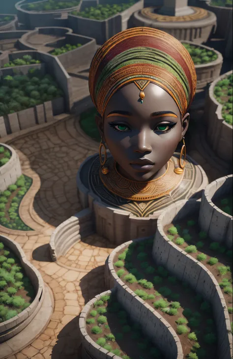 Aerial view shot of a ground sculpture, logo style,a breathtaking image of an African woman with African designed attire on, mixed with sculpture of natural vegetation and climate, a blend of colours grey and green, beautiful aerial sculpture image, 32k, u...