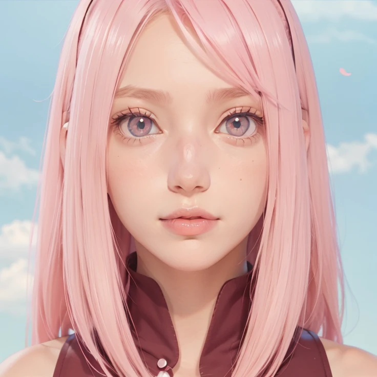 young woman, peach skin, short bubblegum pink hair, wide forehead, green eyes, buttoned nose, big pink lips, slender body, big breasts, red clothes, Sakura Haruno, 3d, village