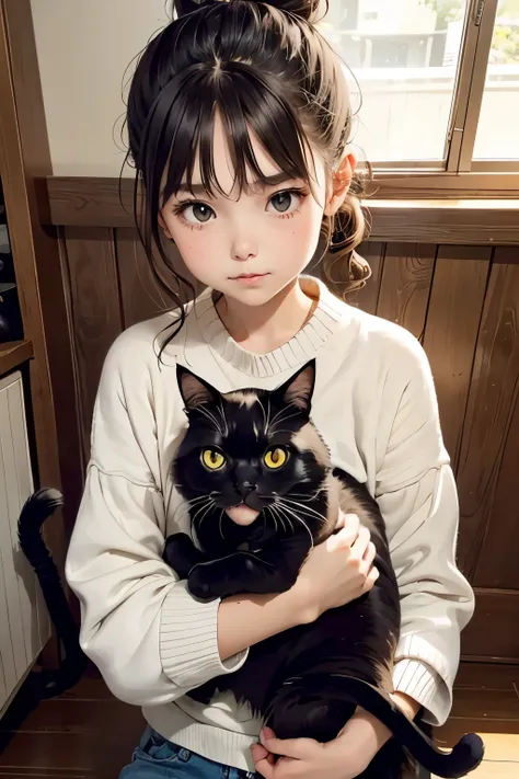 top-quality、girl holding a black cat、cute 14 year old girl、bun hair with brown hair tied、black cat、natural look、longshot、natural...