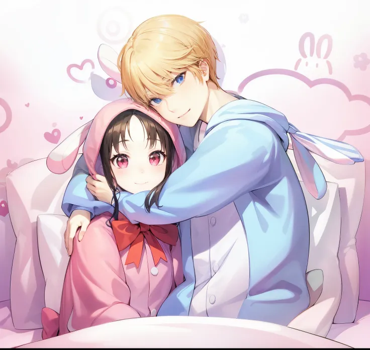 anime couple in bed with pink blanket and hearts in background, shoujo romance, cute anime, official fanart, shoujo manga, top rated on pixiv, soft anime, high quality fanart, Kaguya shinomiya and Miyuki shirogane. Guy on the right has blonde hair, blue ey...