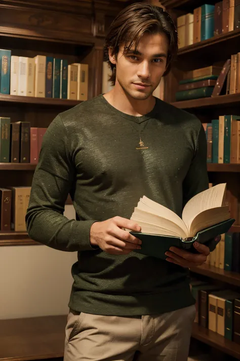 （Inside Enchanted Magical Library, A Handsome Man sexy, mysterious, man, Very beautiful, perfect face, perfect eyes, reaching for a book on the shelf, a—a figure dressed in a tee and a khaki pants, Very attractive, shimmering, glowing books, Magical, spark...