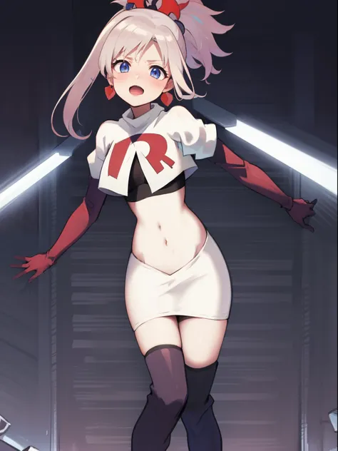 miyamotomusashi, miyamoto musashi, asymmetrical hair, blue eyes, earrings, hair ornament, pink hair, ponytail, sidelocks,team rocket,team rocket uniform,white skirt,crop top,black thigh-high boots,black elbow gloves,