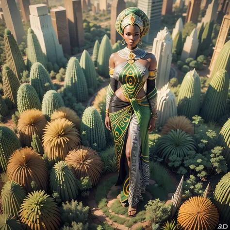 Aerial view shot of a ground sculpture, logo style,a breathtaking image of an African woman with African designed attire on, mixed with sculpture of natural vegetation and climate, a blend of colours grey and green, beautiful aerial sculpture image, 32k, u...