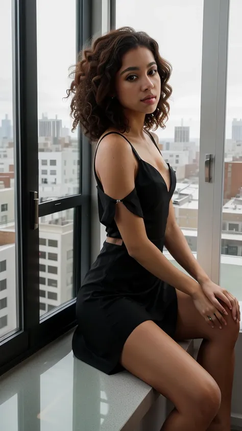 Beautiful brunette, short curly fro, latino, wearing slit black dress, sitting in window seal, big window, downtown view from window, ultra detailed, ultra high resolution, realistic, bright image