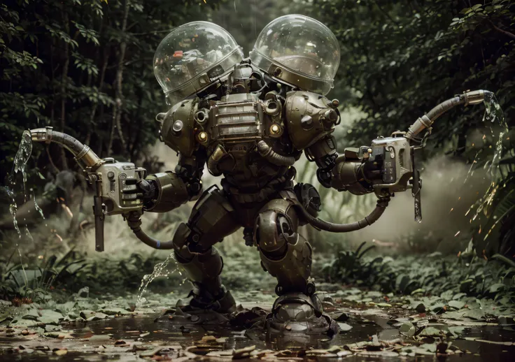 soldier, Robot with Soviet dieselpunk style heavy armor, Soviet symbols, Matte brown metallic armor, Pipes and cables, has tanks with green liquid chemicals on his back, He carries in his hands sprayers that launch green liquid chemicals, he is in an Ultra...