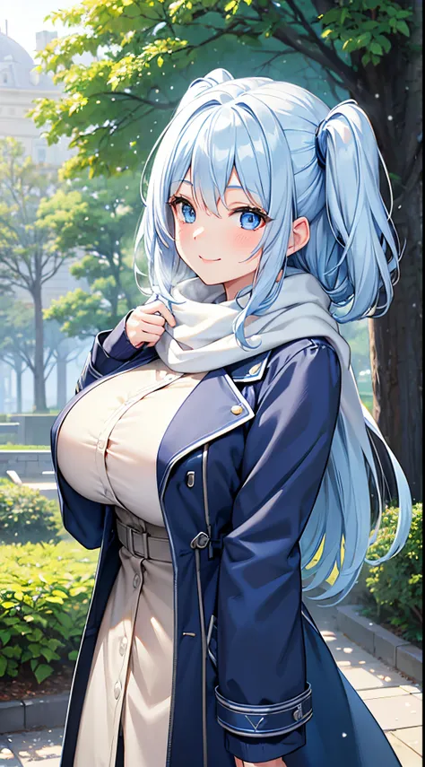 1 girl, game cg, blue winter coat, white winter scarf, gigantic breasts, light blue hair, middle hair, two side up, blue eyes, outside in the park, trees, smile, steam,