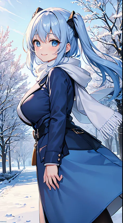 1 girl, game cg, blue winter coat, white winter scarf, gigantic breasts, light blue hair, middle hair, two side up, blue eyes, outside in the park, trees, smile, steam,