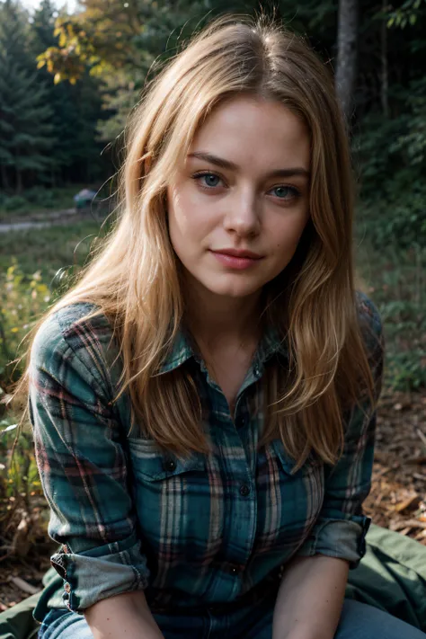 photo of beautiful 24 y.o Kate Mildrew, medium length blonde hair,  blue eyes, detailed eyes, pale skin, ecstasy, an air of superiority, forest, hiking, flannel shirt, joy, passion