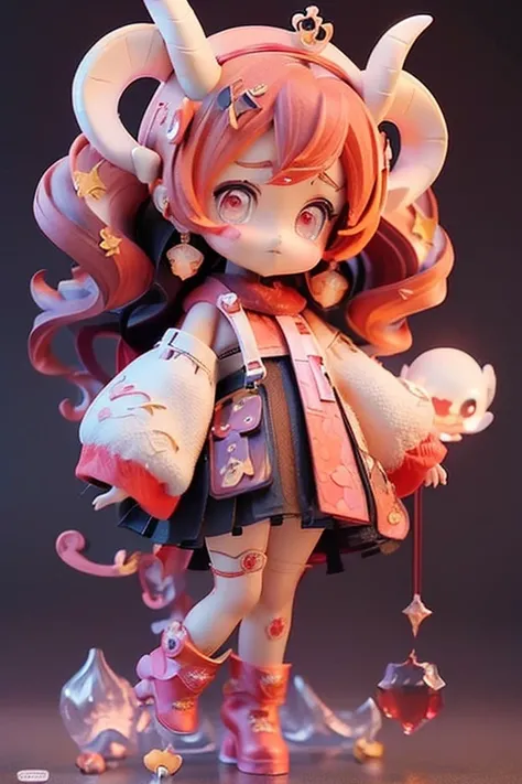 (Same character, front, side, back), (full body); 3d; cute; 3d toy art; toy art; anime style; glitter; horoscope sign Aries; color red; Ram details; ♈ symbol;  garnet stone;