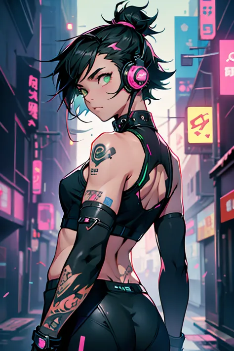 the anime, 1 girl with headphones in the city, Cyberpunk anime girl, little chest, loli, Black tight top, short hairstyle, black  hair, green colored eyes, pink earphones, bare shoulders, bare arms, bare lower back, tattoos on arms, Cyberpunk tattoos, blac...