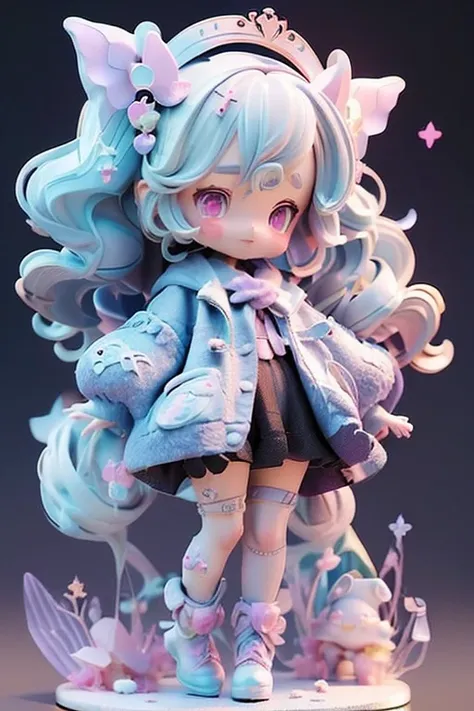 (Same character, front, side, back), (full body); 3d; cute; 3d toy art; toy art; anime style; glitter; horoscope sign Gemini ; color purple; Twins details; ♊ symbol;  alexandrite stone;