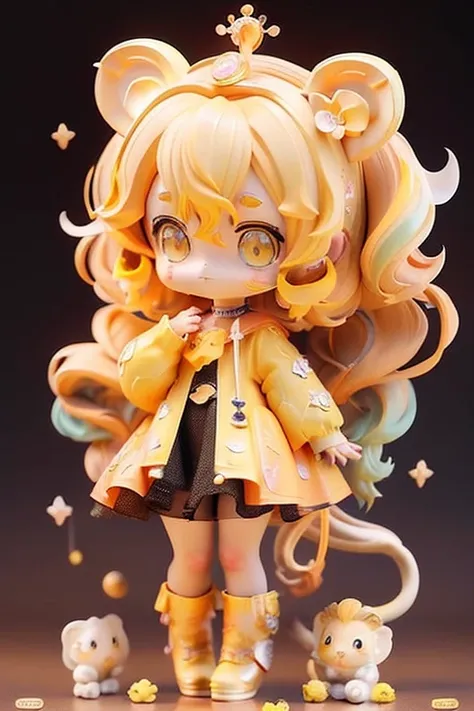 (Same character, front, side, back), (full body); 3d; cute; 3d toy art; toy art; anime style; glitter; horoscope sign Leo ; color yellow; Lion details; ♌ symbol; citrine stone;