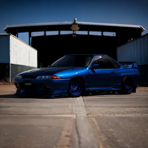 High-quality blue Nissan R32,Very detailed,Best Quality,Realistic background,All real,Balanced