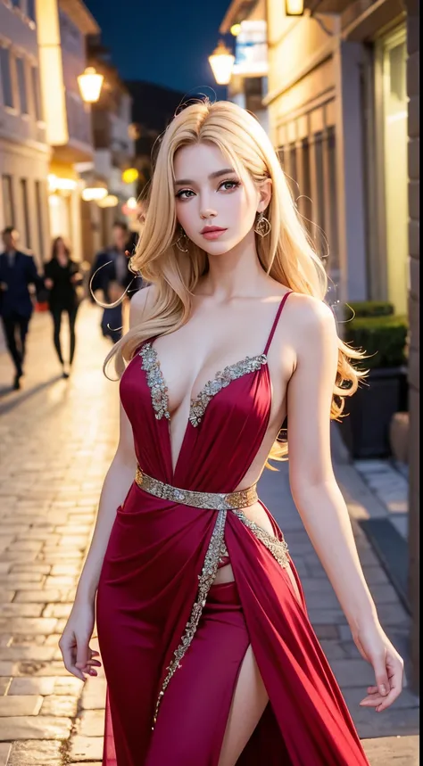 beautiful greek girl, a fashion model, Wearing colorful evening gown, Charismatic, captivating posture，paparazzi taking pictures of her, Blonde hair, Brown eyes, 8K, high high quality, tmasterpiece, Best quality, k hd, The content is very detailed, Volumet...