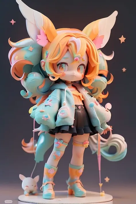 (Same character, front, side, back), (full body); 3d; cute; 3d toy art; toy art; anime style; glitter; horoscope sign Sagittarius ; color orange; Archer details; ♐ symbol; padparadscha stone;