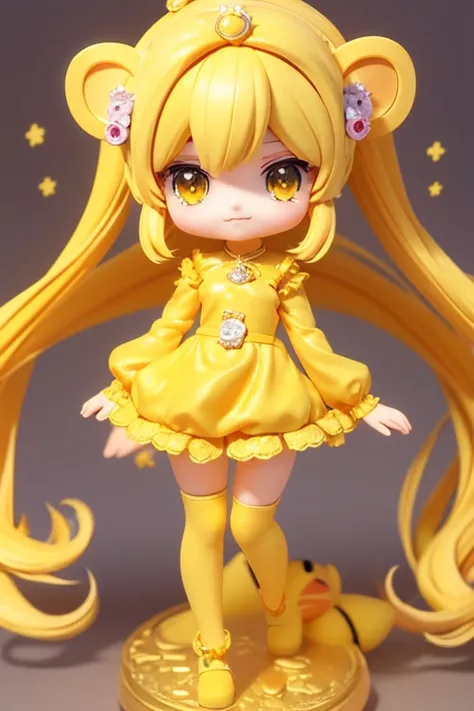 (Same character, front, side, back), (full body); 3d; cute; 3d toy art; toy art; anime style; glitter; horoscope sign Leo ; color yellow; Lion details; ♌ symbol; citrine stone;