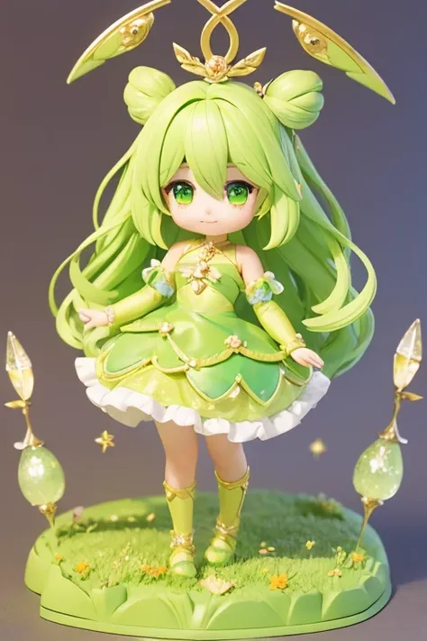 (Same character, front, side, back), (full body); 3d; cute; 3d toy art; toy art; anime style; glitter; horoscope sign Libra princess; color green; Balance details; ♎ symbol; peridot stone;