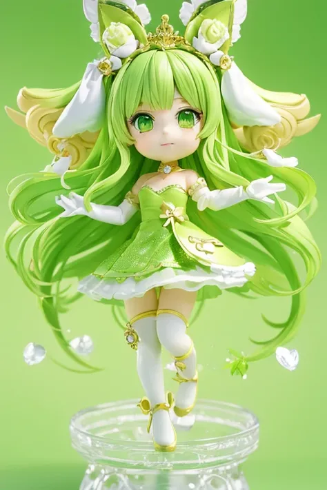 (Same character, front, side, back), (full body); 3d; cute; 3d toy art; toy art; anime style; glitter; horoscope sign Libra princess; color green; Balance details; ♎ symbol; peridot stone;